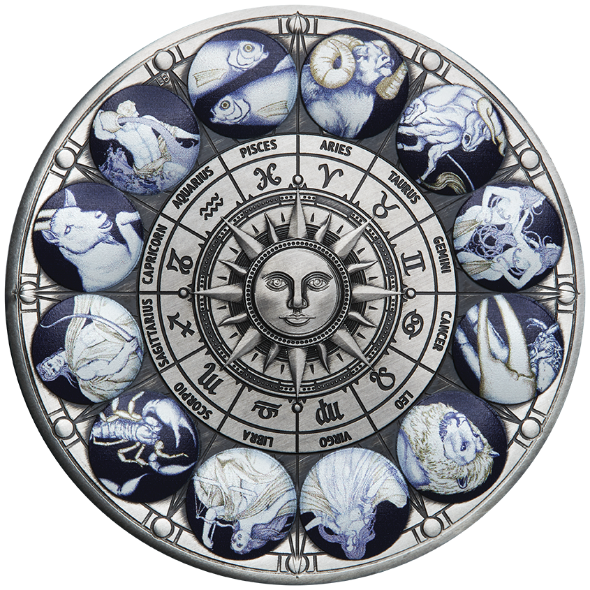 Tuvalu 2022 $5 2022 5oz Signs of the Zodiac Silver Antiqued Coloured Coin Perth Mint