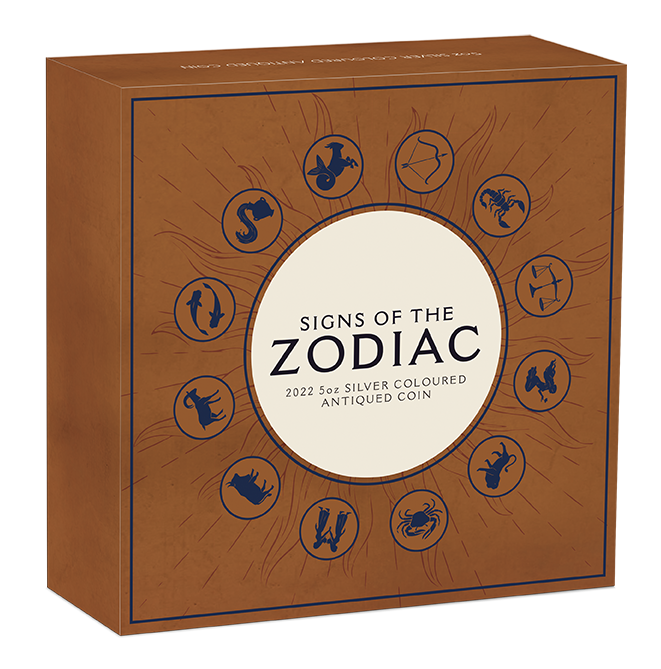Tuvalu 2022 $5 2022 5oz Signs of the Zodiac Silver Antiqued Coloured Coin Perth Mint