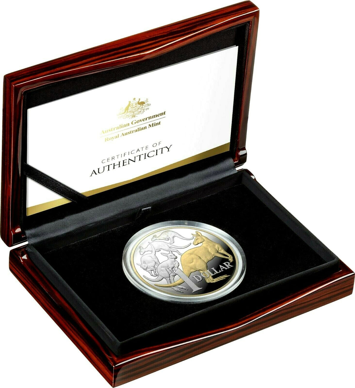 Australia 2020 $1 Proof Mob of Roos 5 Oz Selectively Gold Plated Silver 1000 Made