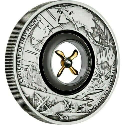 Australia 2019 $2 Centenary Of The First Flight 2 Oz Antiqued Silver with Rotating Propeller Perth Mint