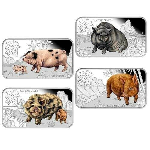 Tuvalu 2019 $1 4 Coin Set Lunar Calendar Coin Series Year of the Pig 1 Oz Silver Proof