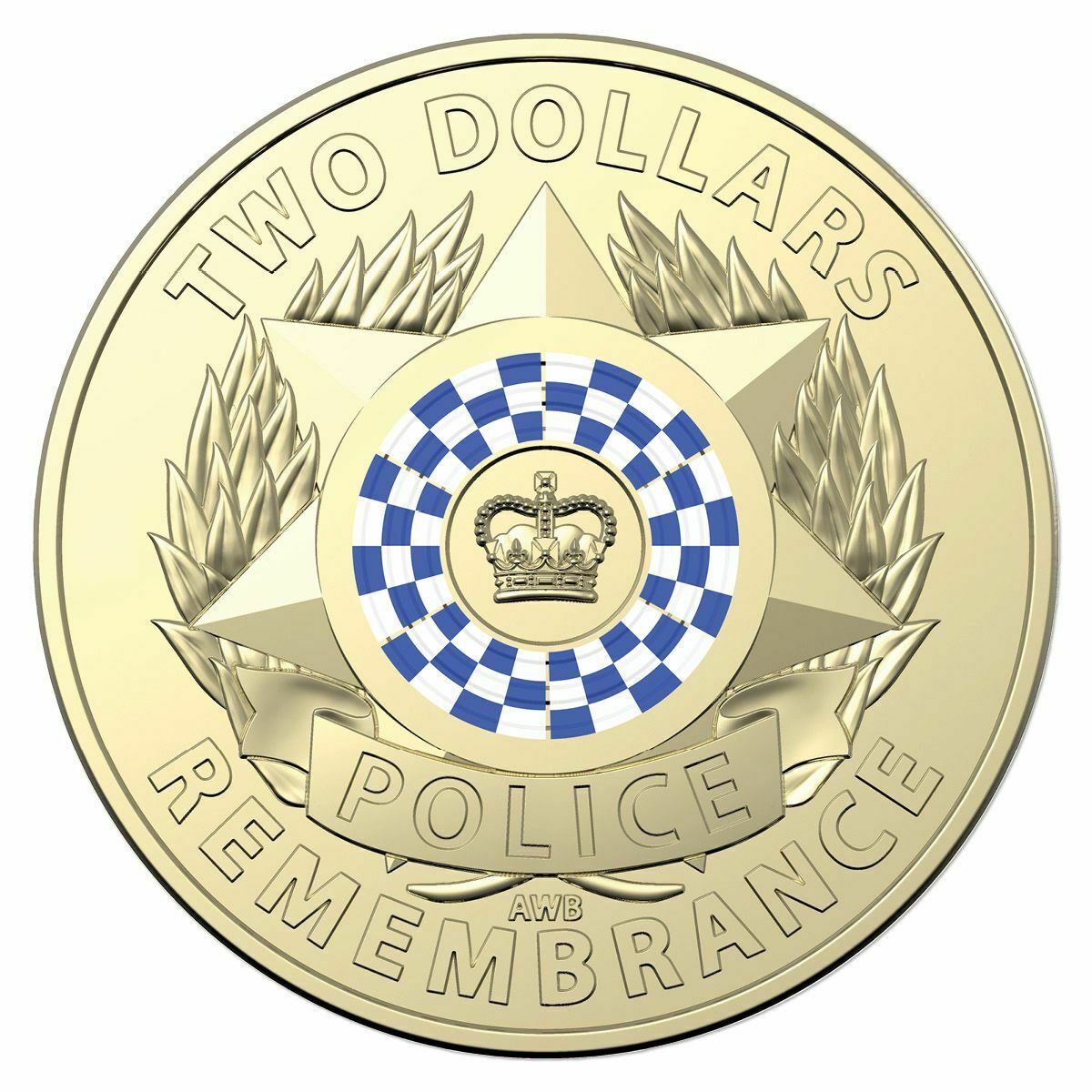 Reverse: Police badge design with a crown, blue-and-white chequered ring, wreath and Police Remembrance inscription.