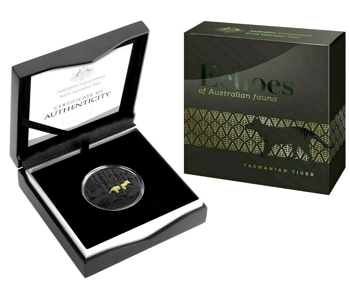 Australia 2019 $5 Gold Plated Black Proof Echoes of Australian Fauna - Tasmanian Tiger Thylacine Box and Case
