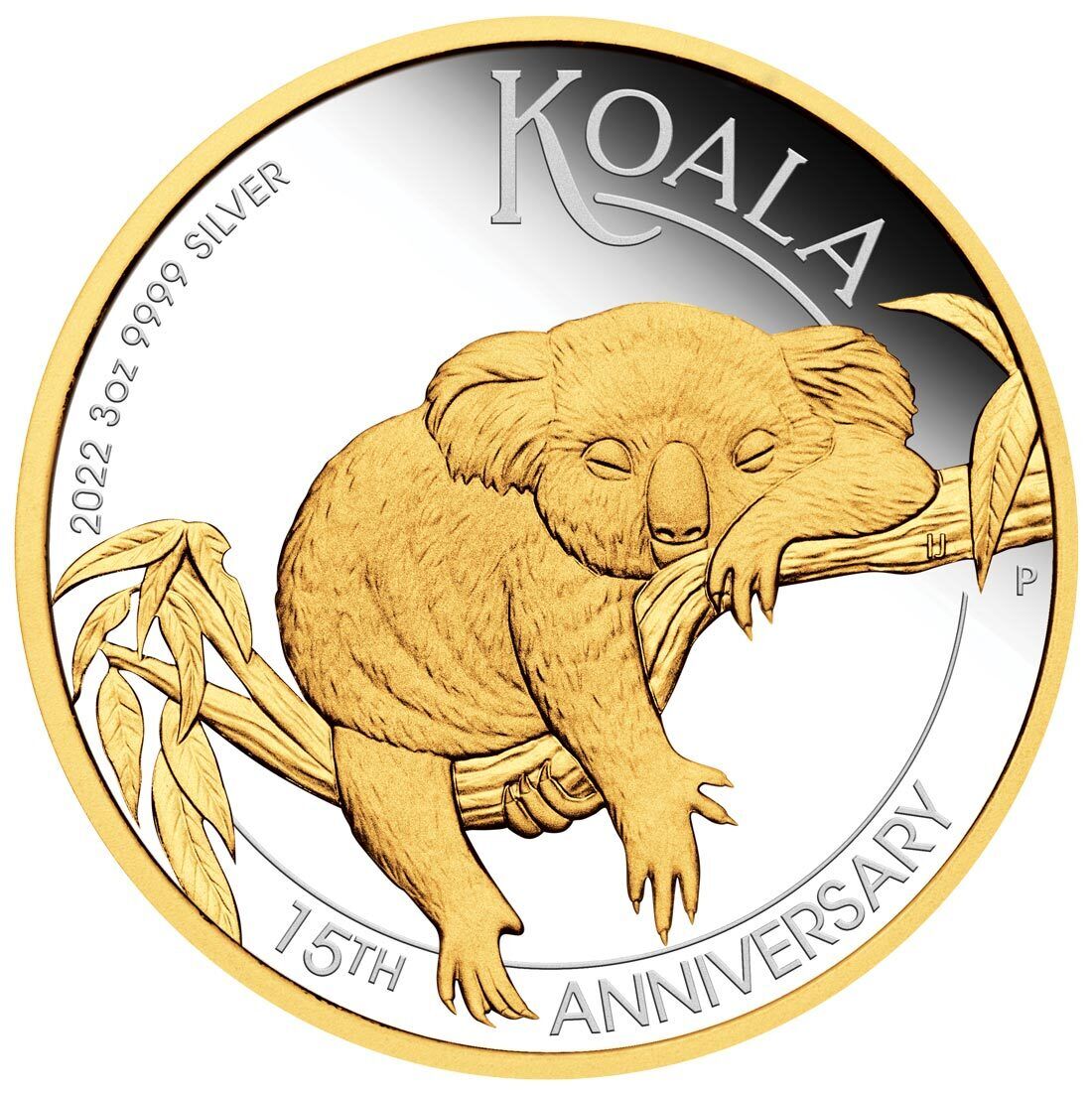 A collectible coin with a proof finish, featuring an image of a koala on a branch, commemorating the 15th anniversary of the Australian Koala Coin Series.