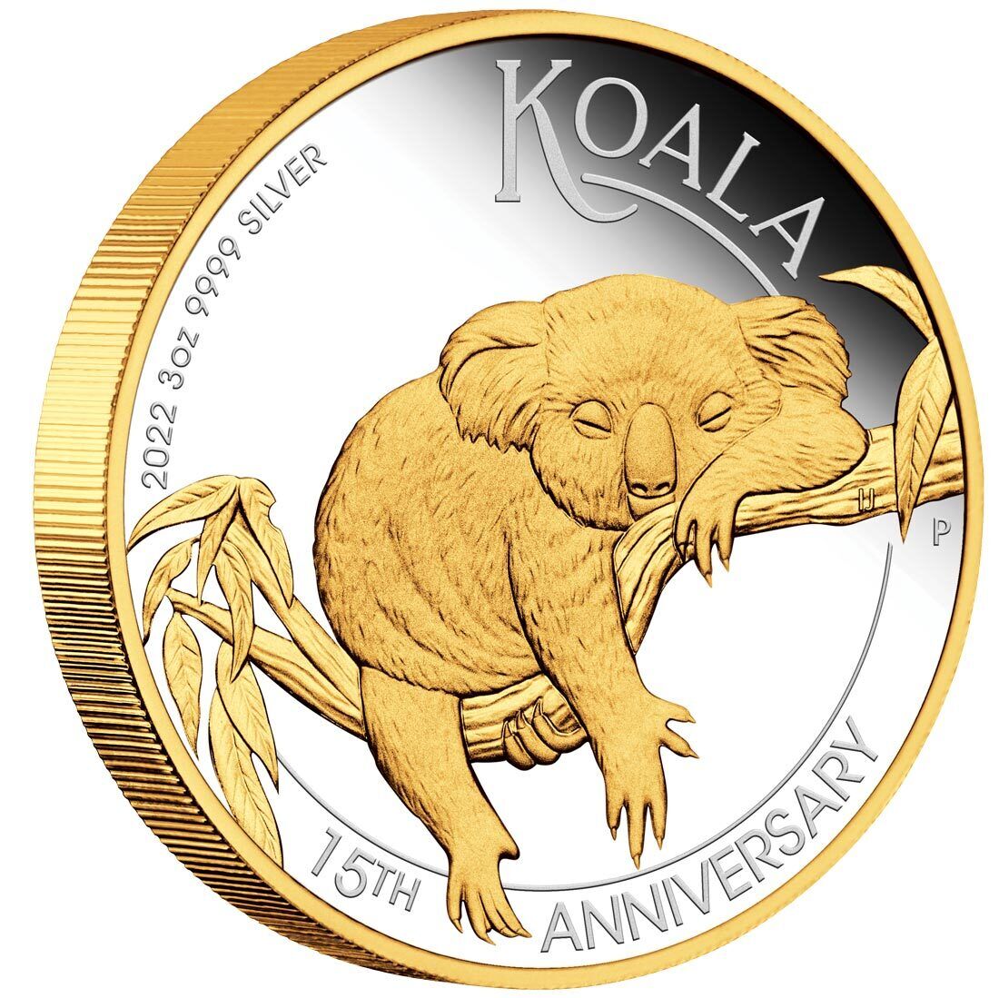 Australia 2022 $3 Koala 15th Anniversary 3oz .9999 Silver Proof Gilded Coin Reverse