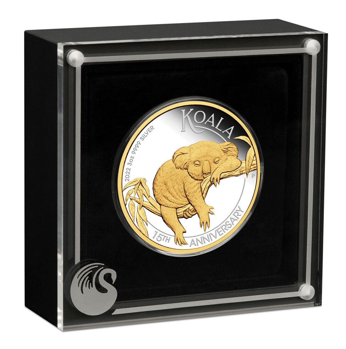 Australia 2022 $3 Koala 15th Anniversary 3oz .9999 Silver Proof Gilded Coin Reverse Display Case