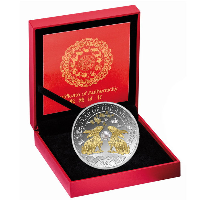 Fiji 2023 $10 Lunar Rabbit Pearl Insert Gold-plated 1oz Silver Proof Coin