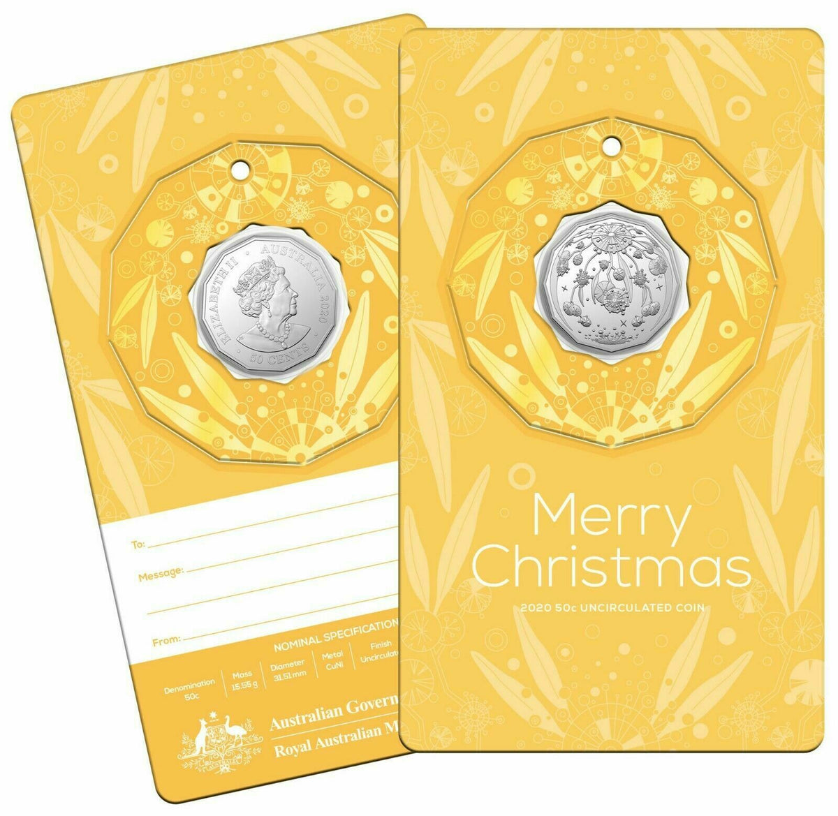 Australia 2020 50 Cent Uncirculated Christmas Decoration Foiled Card- Yellow