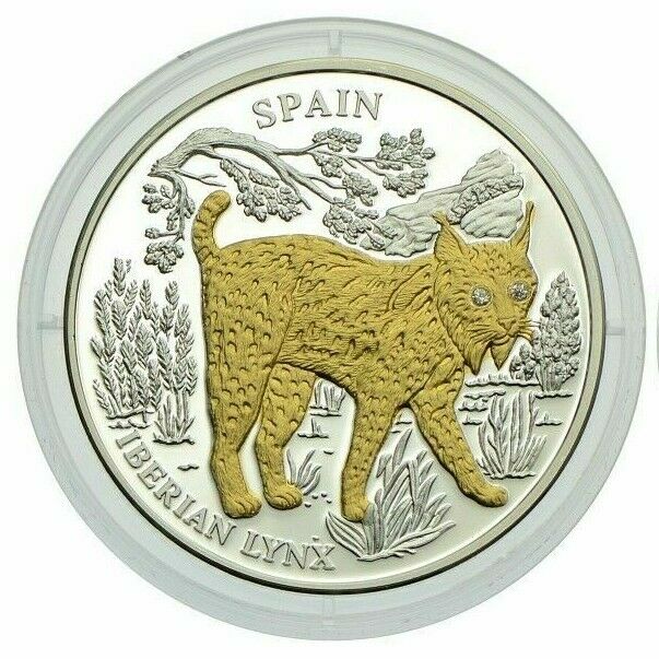Liberia 2005 $10 Proof Spain Iberian Lynx Gold Plated Silver Diamond Eyes