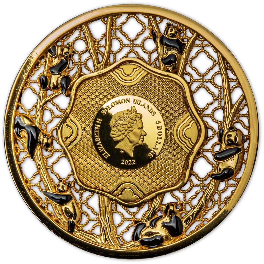 Solomon Islands 2022 $5 Panda Filigree 2oz Gold Plated Silver Proof-like Coin