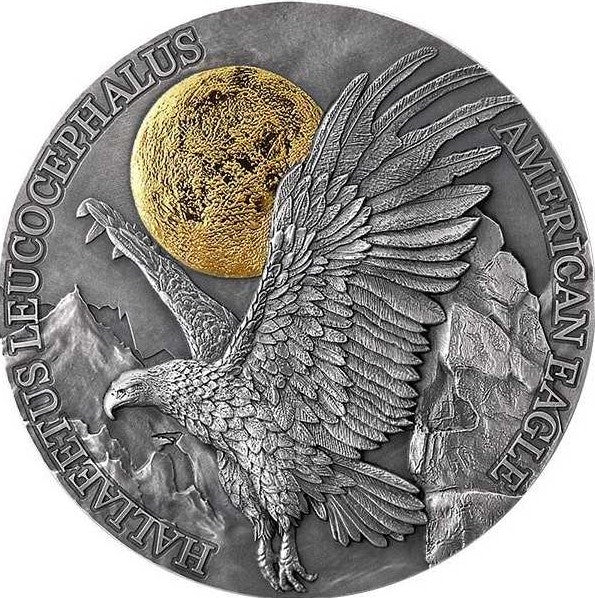 Republic of Ghana 2022 10 Cedis Wildlife in the Moonlight: American Eagle 2 Oz Antique Silver Selectively Gilded Coin