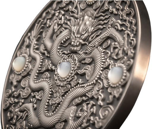 Niue 2023 $5 Chinese Dragon Art 2oz Antique Silver High Relief Coin with Jasper Stones 200 Minted
