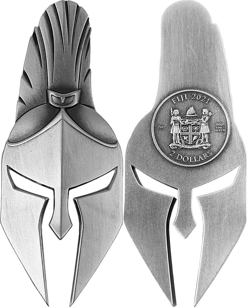 Fiji 2021 $2 Spartan Mask Ancient Warriors 2oz Silver Antiqued Coin