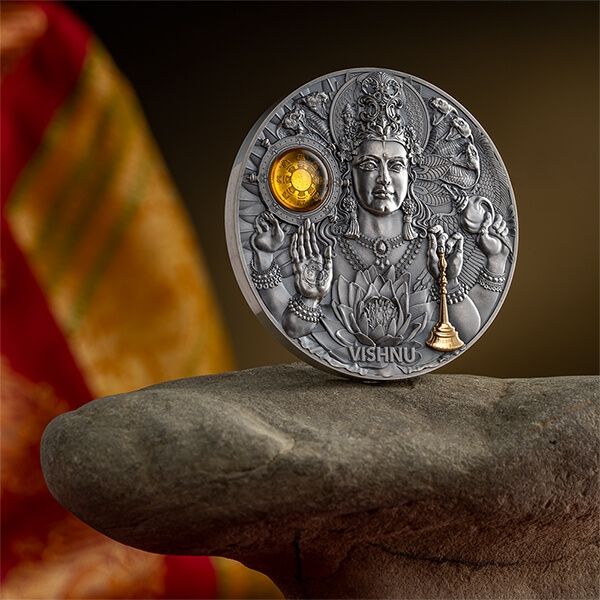 Niue 2023 $5 Vishnu Divine Faces of the Sun 3oz Antique finish .999 Gilded Silver Coin