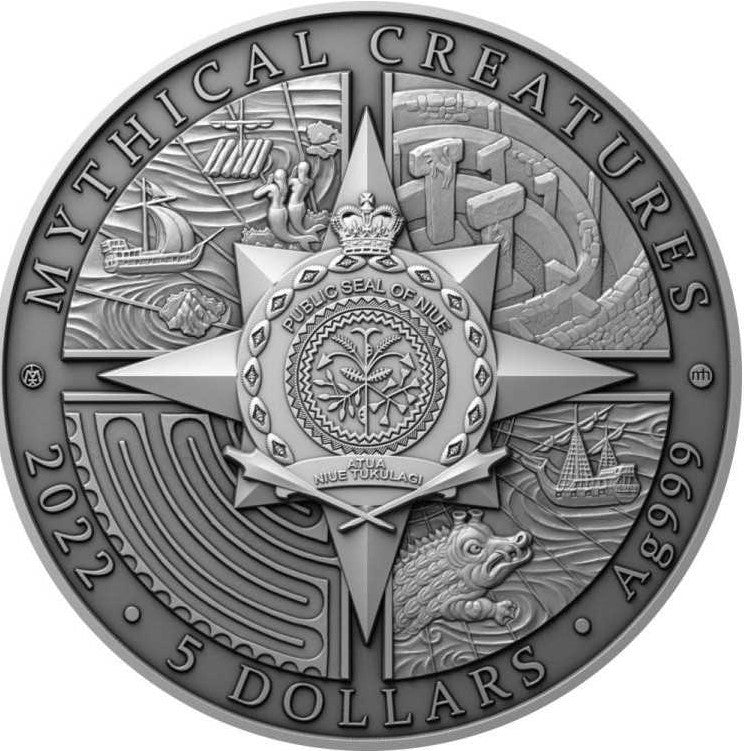 Niue 2022 $5 Island of Sirens Mythical Creatures 2 Oz Coloured Antiqued Silver Coin