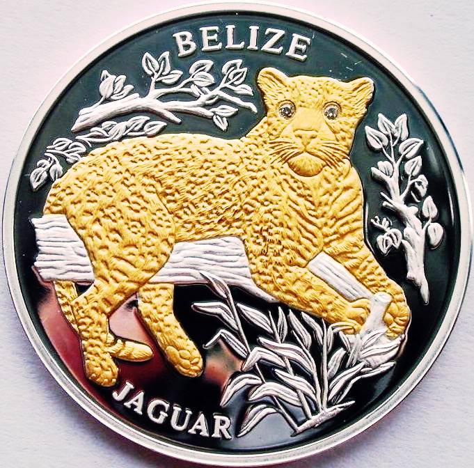 Liberia 2005 $10 Proof Belize Jaguar Gold Plated Silver Diamond Eyes