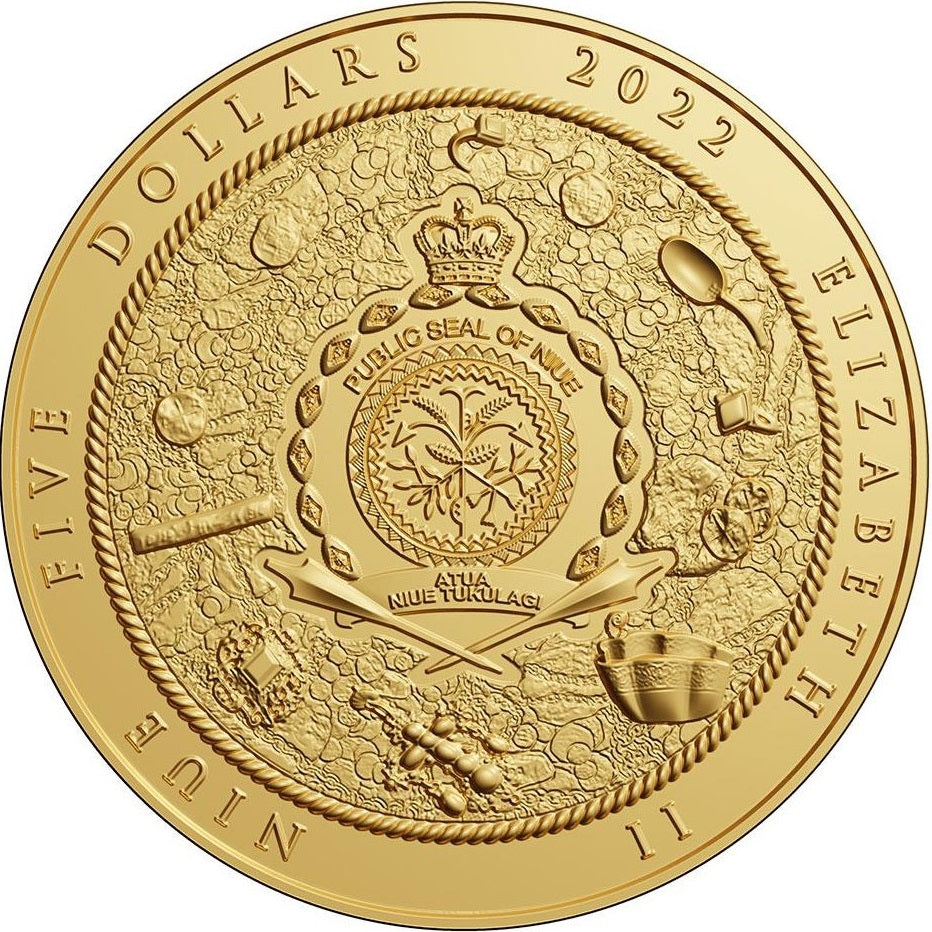 Niue 2022 $5 Nuestra Senora de Atocha 2 oz Gilded Silver with Sunken Treasure Inlay- 50 made