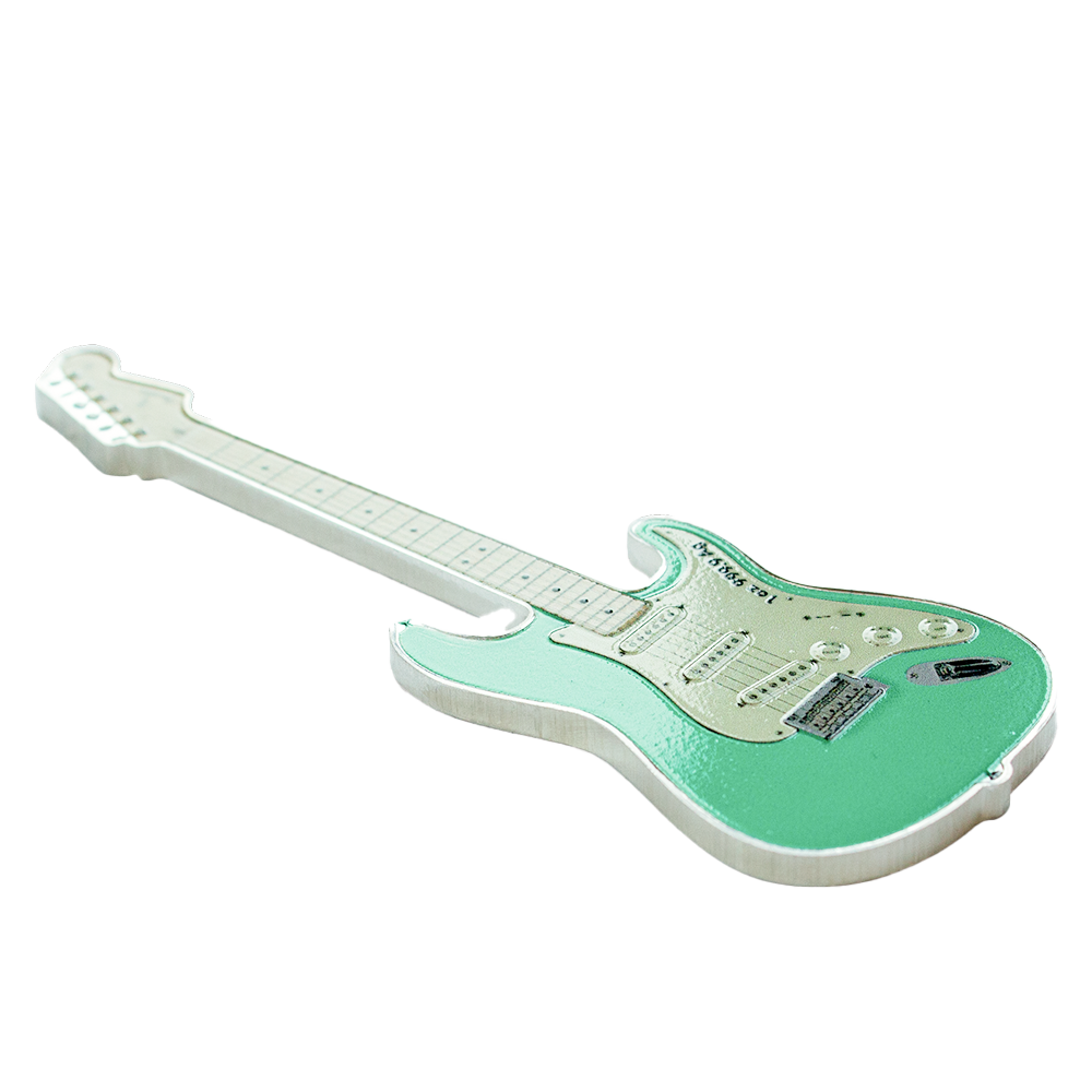 Solomon Islands $2 2022 Fender® 1oz Stratocaster® Shaped Coin Coloured in Surf Green