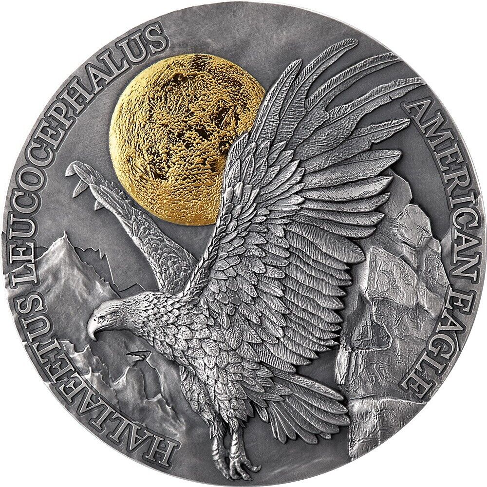 Republic of Ghana 2022 10 Cedis Wildlife in the Moonlight: American Eagle 2 Oz Antique Silver Selectively Gilded Coin