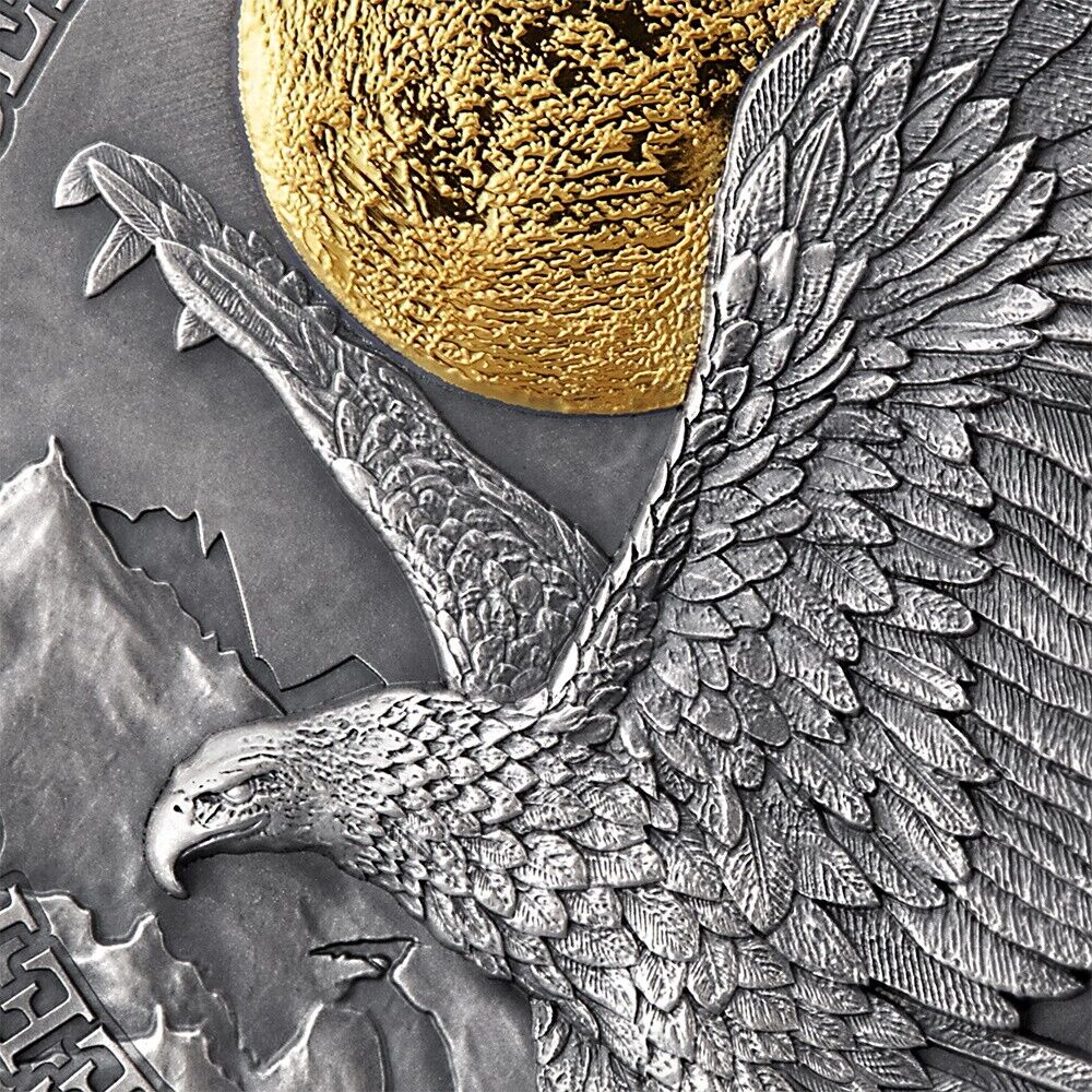 Republic of Ghana 2022 10 Cedis Wildlife in the Moonlight: American Eagle 2 Oz Antique Silver Selectively Gilded Coin