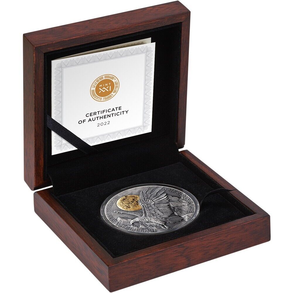 Republic of Ghana 2022 10 Cedis Wildlife in the Moonlight: American Eagle 2 Oz Antique Silver Selectively Gilded Coin