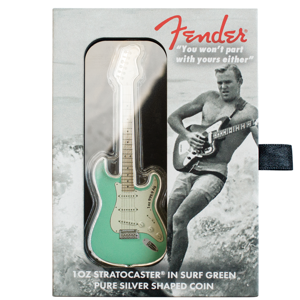 Solomon Islands $2 2022 Fender® 1oz Stratocaster® Shaped Coin Coloured in Surf Green