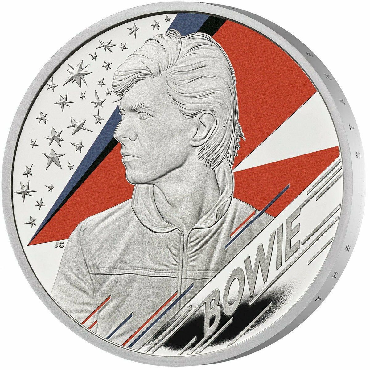 United Kingdom 2020 £2 David Bowie .999 Silver Proof Coin Reverse. The reverse design showcases a striking portrait of David Bowie against a backdrop of a lightning bolt—a symbol synonymous with his chameleonic career and boundary-pushing artistry. This special edition boasts a meticulous Proof finish, highlighting the contrast between the frosted details and mirror-like fields, enhanced by vibrant colour applications that bring the design to life.