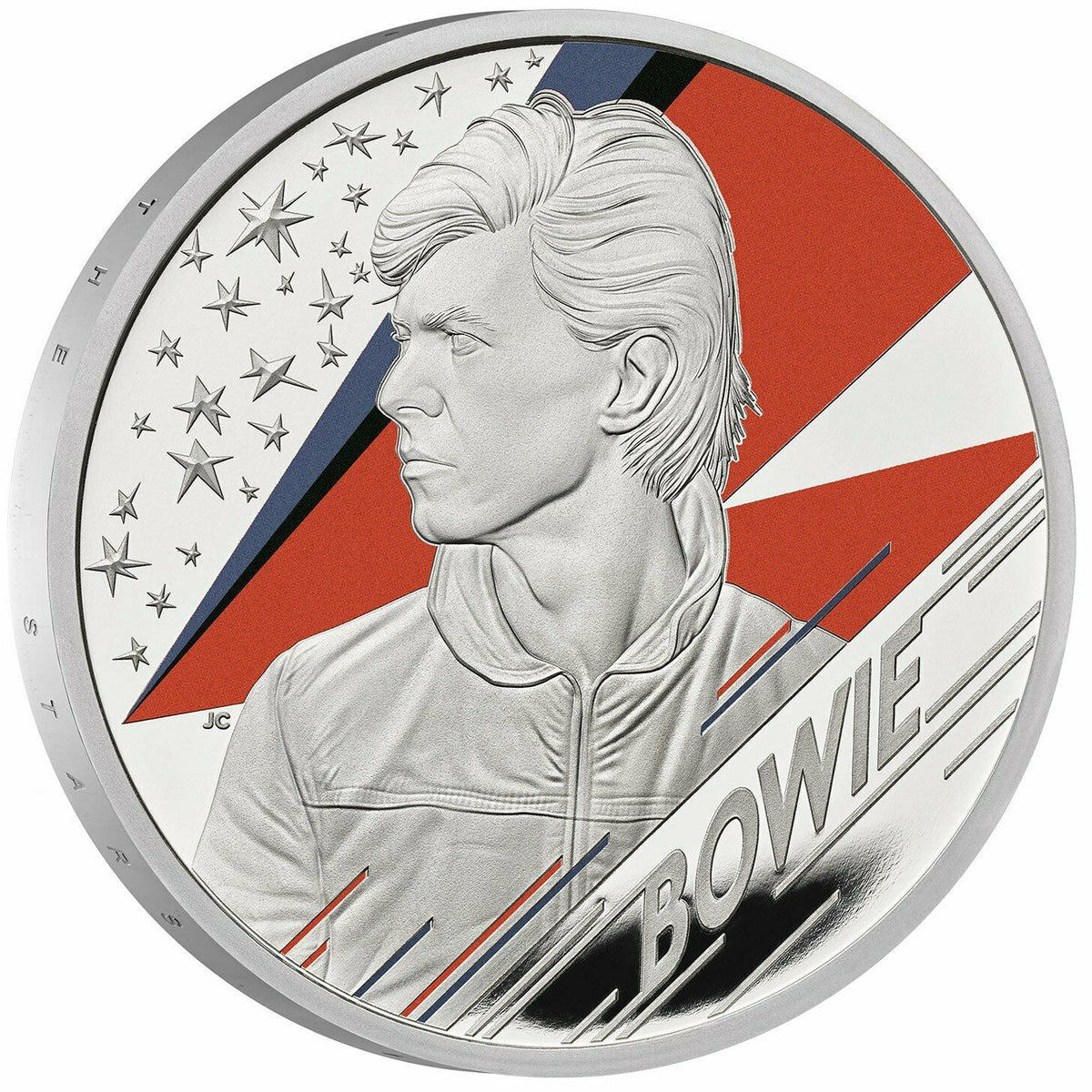 United Kingdom 2020 £2 David Bowie .999 Silver Proof Coin. The reverse design showcases a striking portrait of David Bowie against a backdrop of a lightning bolt—a symbol synonymous with his chameleonic career and boundary-pushing artistry. This special edition boasts a meticulous Proof finish, highlighting the contrast between the frosted details and mirror-like fields, enhanced by vibrant colour applications that bring the design to life.