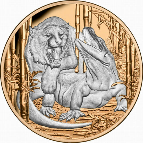 Niue 2022 $10 Apex Predators Komodo Dragon vs Tiger 5 Oz .999 Silver Gold Plated Proof