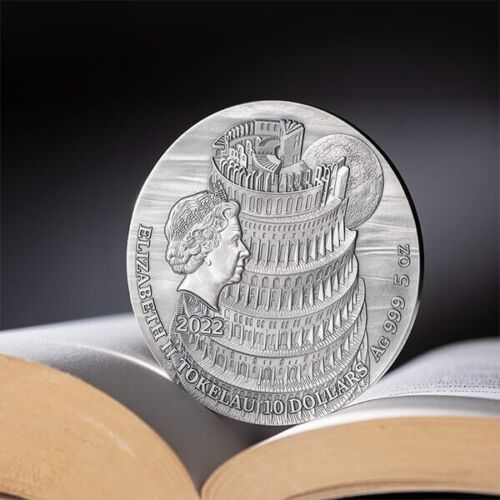 Tokelau 2022 $10 Tower of Babel Fundamental Stories of the Bible 5 Oz Antique Silver Coin 299 Mintage