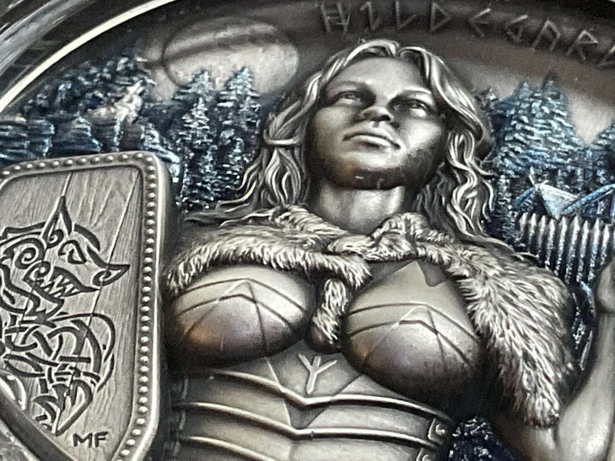 Germania Mint 2022 10 Mark Hildegard Valkyries 2 oz Pure Silver Antique Finish UHR Coin