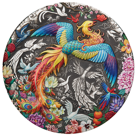 Tuvalu 2023 $5 Phoenix &amp; Birds 5oz .9999 Antiqued Coloured Silver Reverse of Coin
