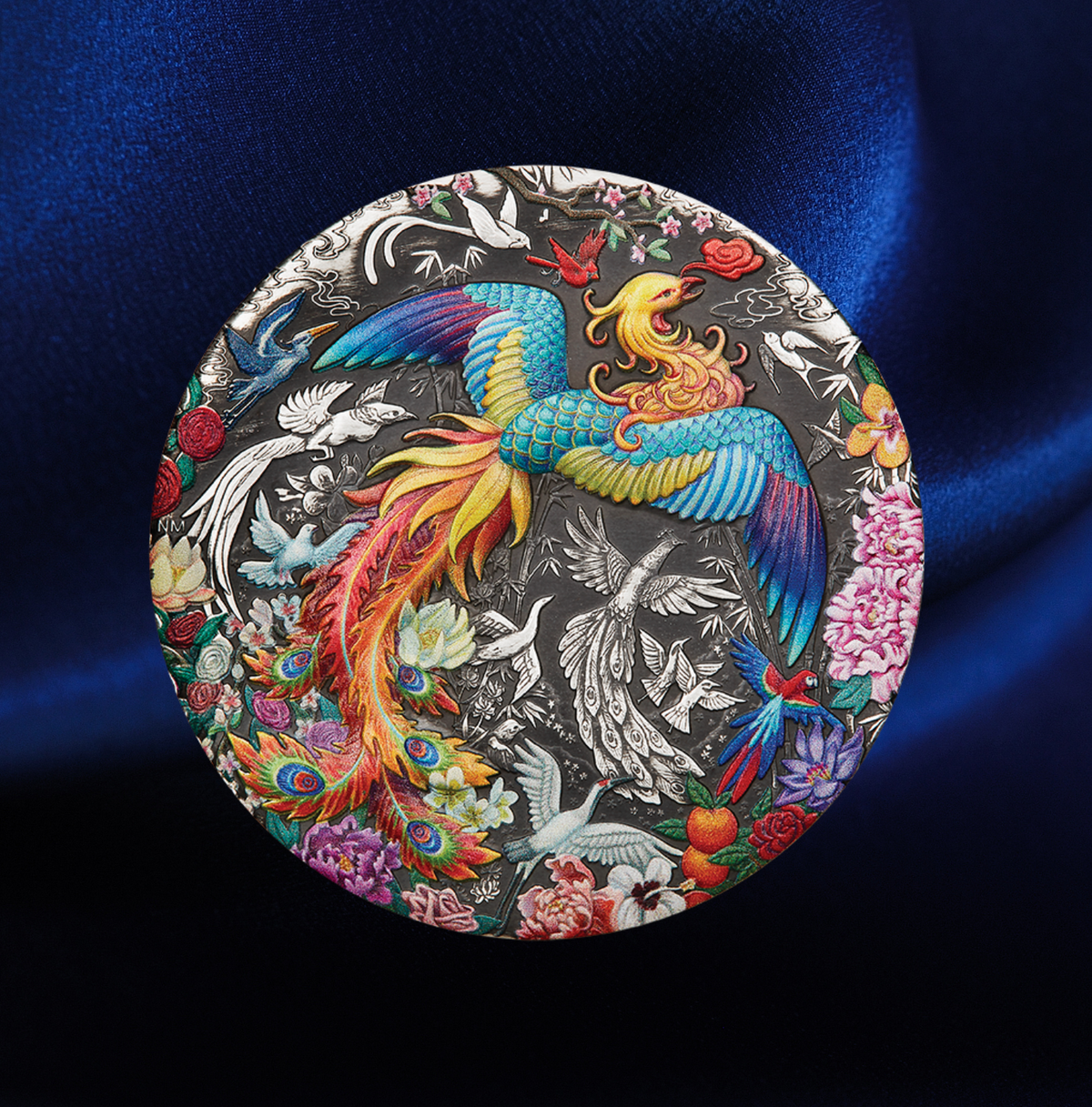 Tuvalu 2023 $5 Phoenix &amp; Birds 5oz .9999 Antiqued Coloured Silver Reverse of Coin