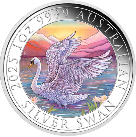 Silver coin featuring a swan design with colorful background and text