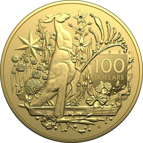 Australia 2021 $100 Uncirculated Australia's Coat of Arms 1 oz Gold Reverse showing Stylised Kangaroo