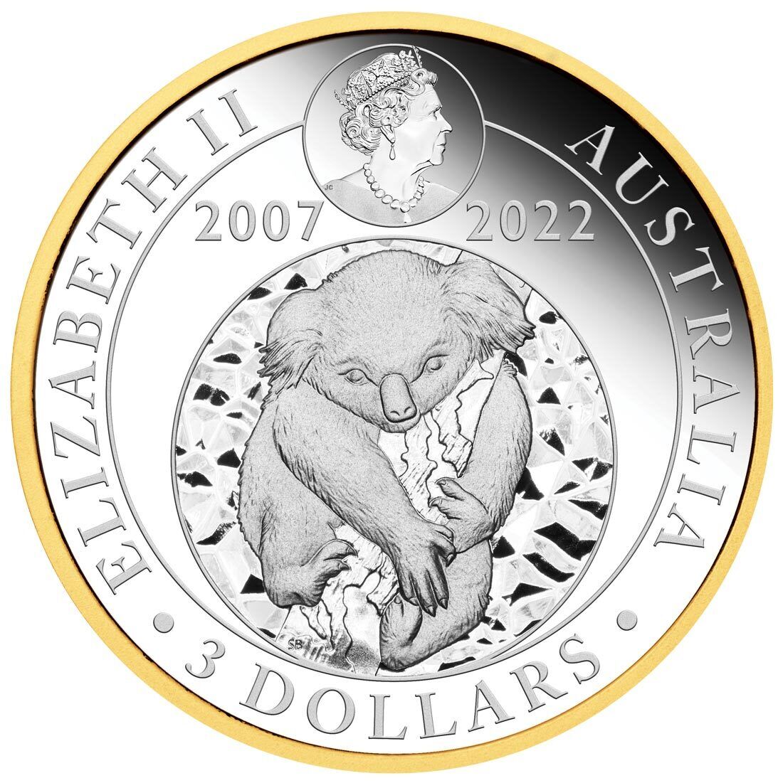 Australia 2022 $3 Koala 15th Anniversary 3oz .9999 Silver Proof Gilded Coin Obverse 