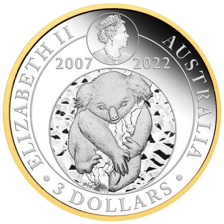 Australia 2022 $3 Koala 15th Anniversary 3oz .9999 Silver Proof Gilded Coin Obverse 