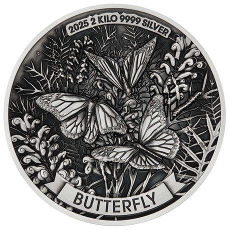 Silver butterfly coin with detailed design and text on a white background