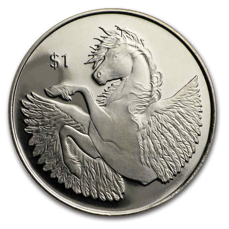 British Virgin Islands 2018 $1 Pegasus Virenium Security Feature Uncirculated Reverse showing upper torso of winged horse and $1  in the field.
