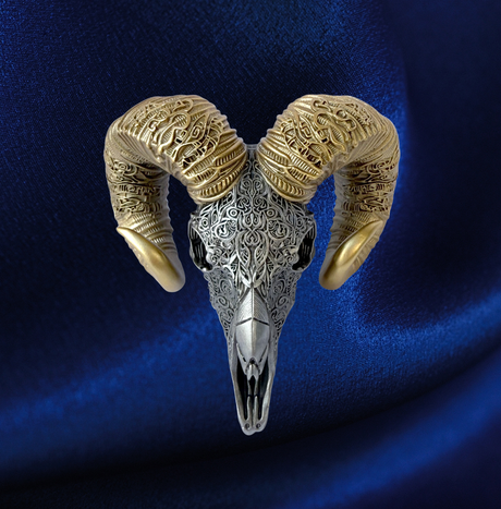 Cameroon 2026 2000 Francs CFA Carved Ram's Skull THE SOVEREIGN 2 oz .999 Silver Antiqued finish with Gilded horns 3D Shaped Coin top view.