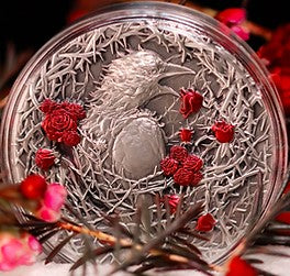 Gabon 2025 3000 Francs CFA Greater Thorn Bird 3oz .999 Antique Silver High relief Box Detail Detail UHR