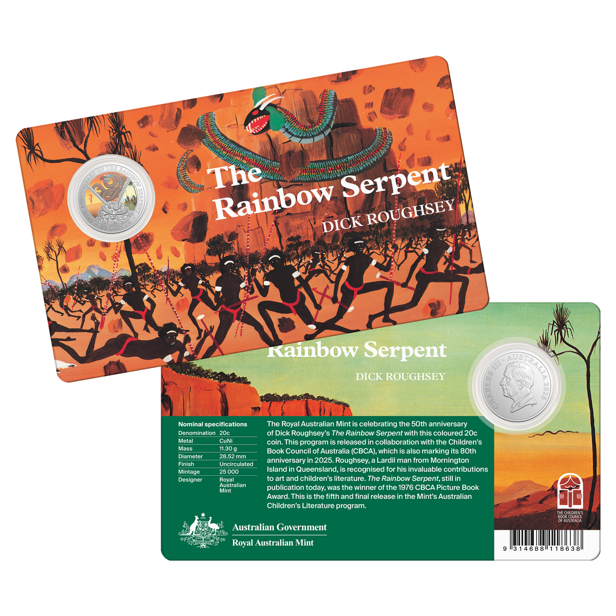 Australia  2025 20 Cents The Rainbow Serpent 50th Anniversary Cupro-Nickel Coloured Uncirculated Coin