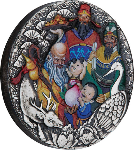 Tuvalu 2023 $5 Fu Lu Shou 5oz .9999 Antique Silver Perth Mint