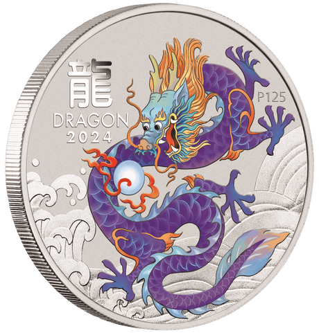 Australia 2024 Lunar Series III $1 Year of the Dragon Purple 1oz .9999 Silver Coin in Card Perth Mint