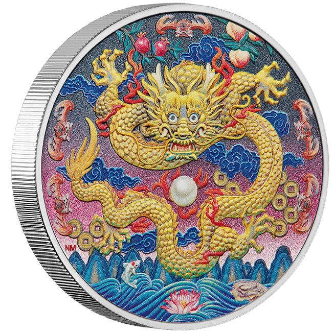 Colorful dragon design on a coin with intricate details