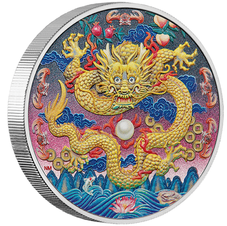 Tuvalu 2025 $3 IMPERIAL GOLDEN DRAGON Coloured METALLIC SHIMMER 3oz .9999 Silver Proof