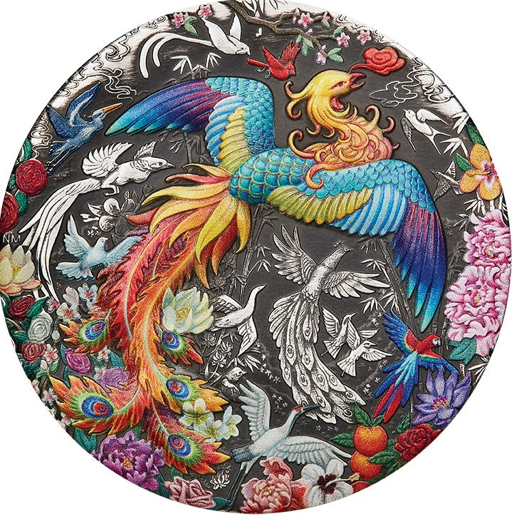 Tuvalu 2023 $5 Phoenix &amp; Birds 5oz .9999 Antiqued Coloured Silver Reverse