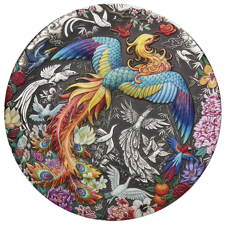 Tuvalu 2023 $5 Phoenix &amp; Birds 5oz .9999 Antiqued Coloured Silver Reverse of Coin