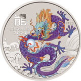 A colored coin with an illustration of a dragon and a flaming pearl on it, presented in a card with a fold-out stand for display.
