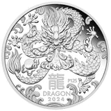 Silver coin with dragon design and 'Year of the Dragon 2024' text